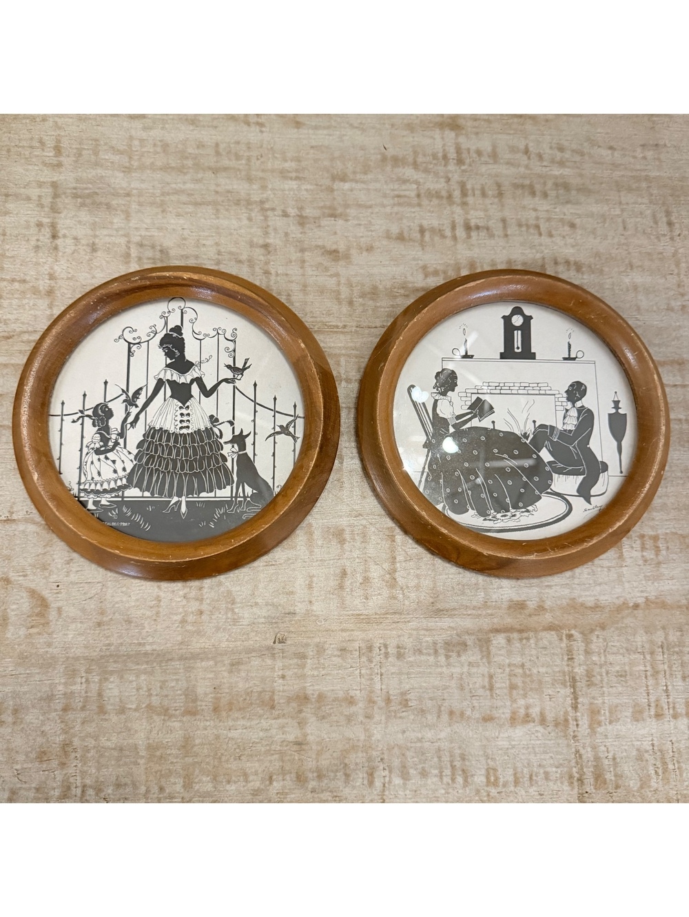 Vintage Stadler-Moet Victorian Silhouette Wall Art Pair Round Wood Frames 6.5”